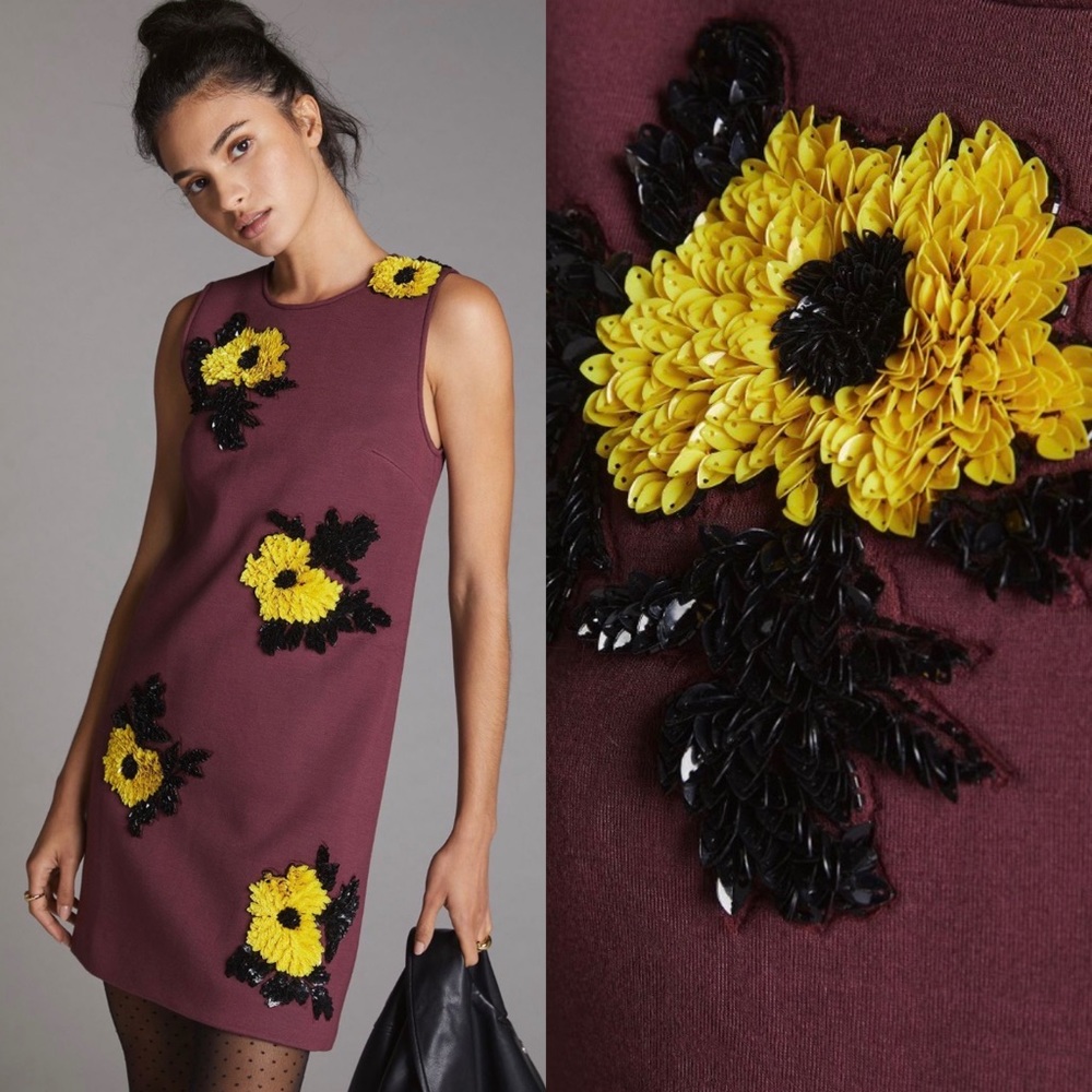 𝗦𝗢𝗟𝗗! 

💜🖤💛 Anthropologie DHRUV KAPOOR - Sequined Flowers Shift Mini Dress (S-M)